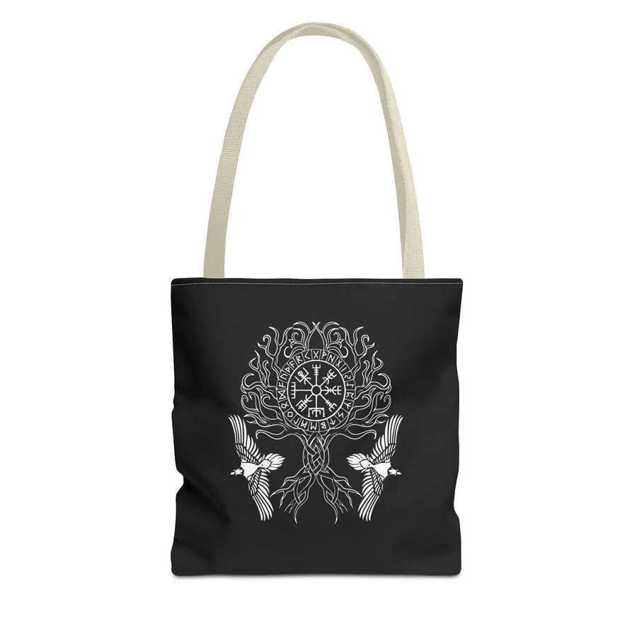 Black Yggdrasil tote with beige handles and original white tree artwork