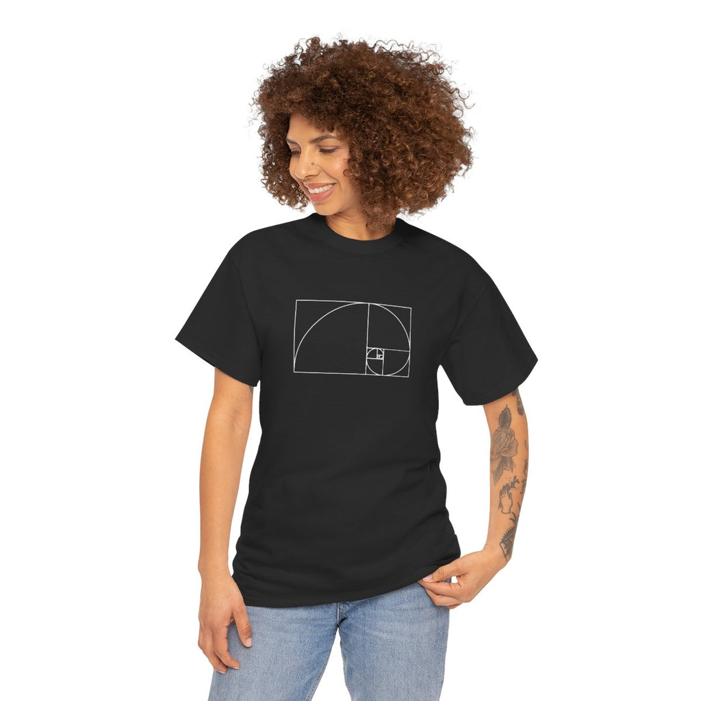 Golden Spiral T-Shirt — Person 1, Black — genuine Printify mockup
