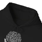 Black Yggdrasil Tree Hoodie, collar and artwork detail — Printify mockup