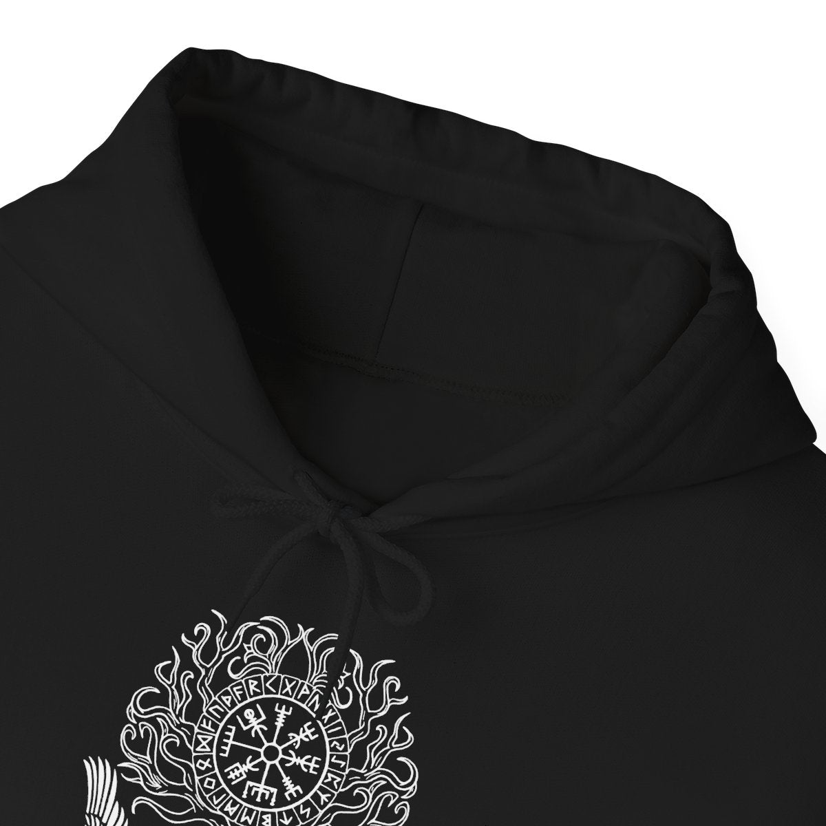 Black Yggdrasil Tree Hoodie, collar and artwork detail — Printify mockup