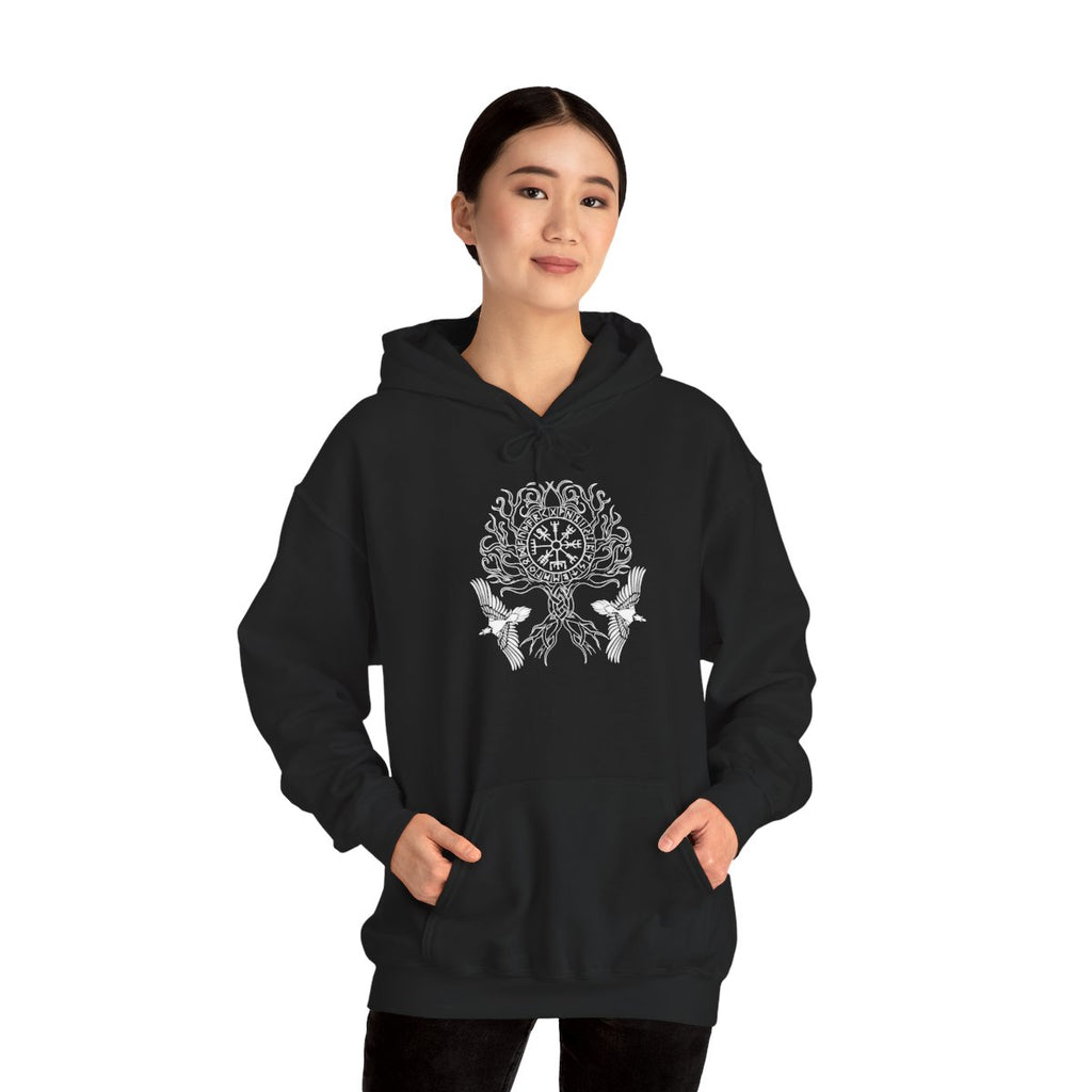 Black Yggdrasil Tree Hoodie worn by a model — Printify mockup